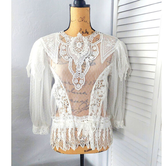 Easy Street Lace Blouse VTG 1970's Lace Cottage Core White Blouse - Picture 1 of 6